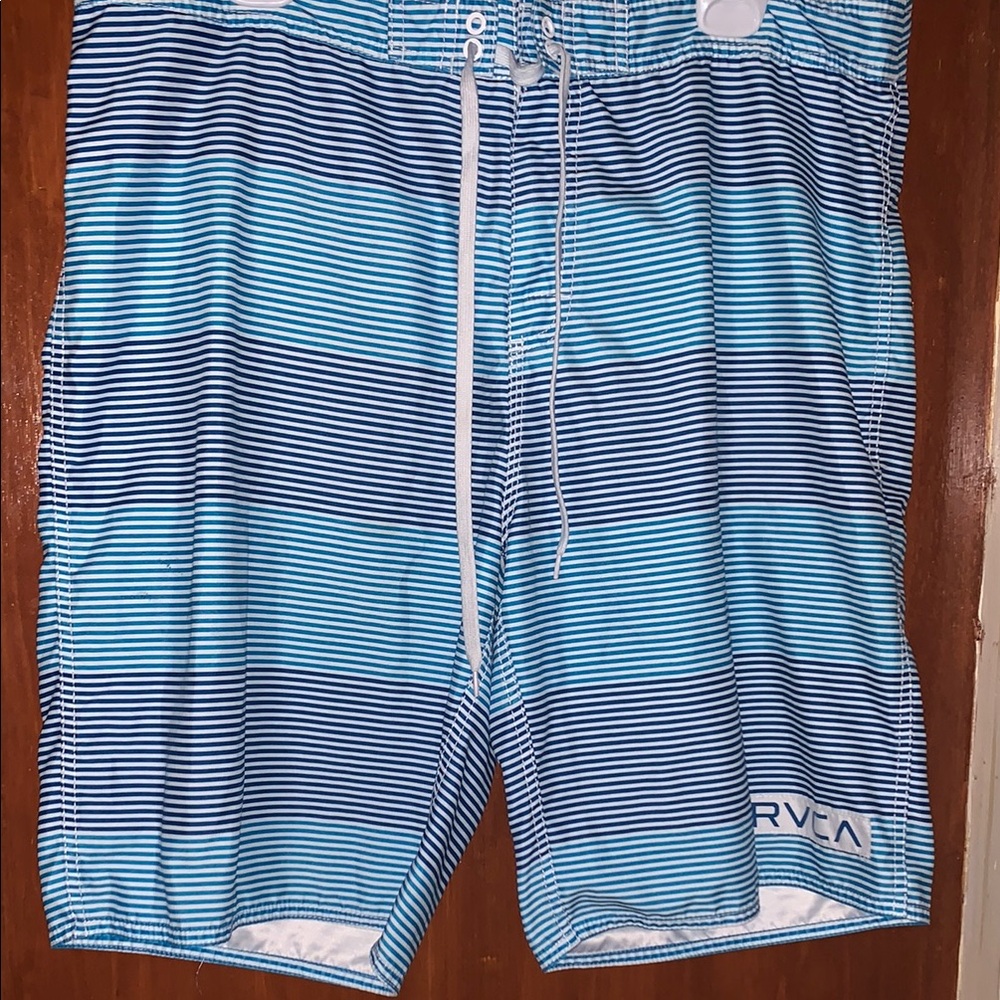 RVCA Blue and White Board Shorts with Striped Design